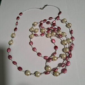 pink and white pearly white beaded extra long necklace